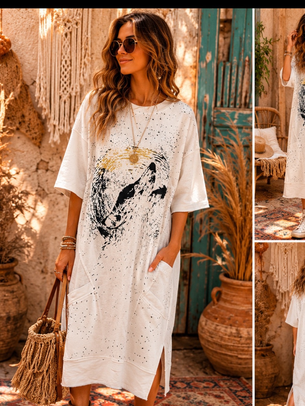 “BLACK” BLUE VELVET Graphic Splatter T-Shirt Dress with ABSTRACT WOLF Print  MED